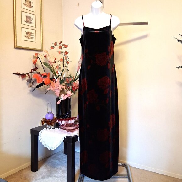 Vintage Separate Scene Black Red Floral Printed Maxi Evening Dress VTG Gowns - Picture 3 of 10